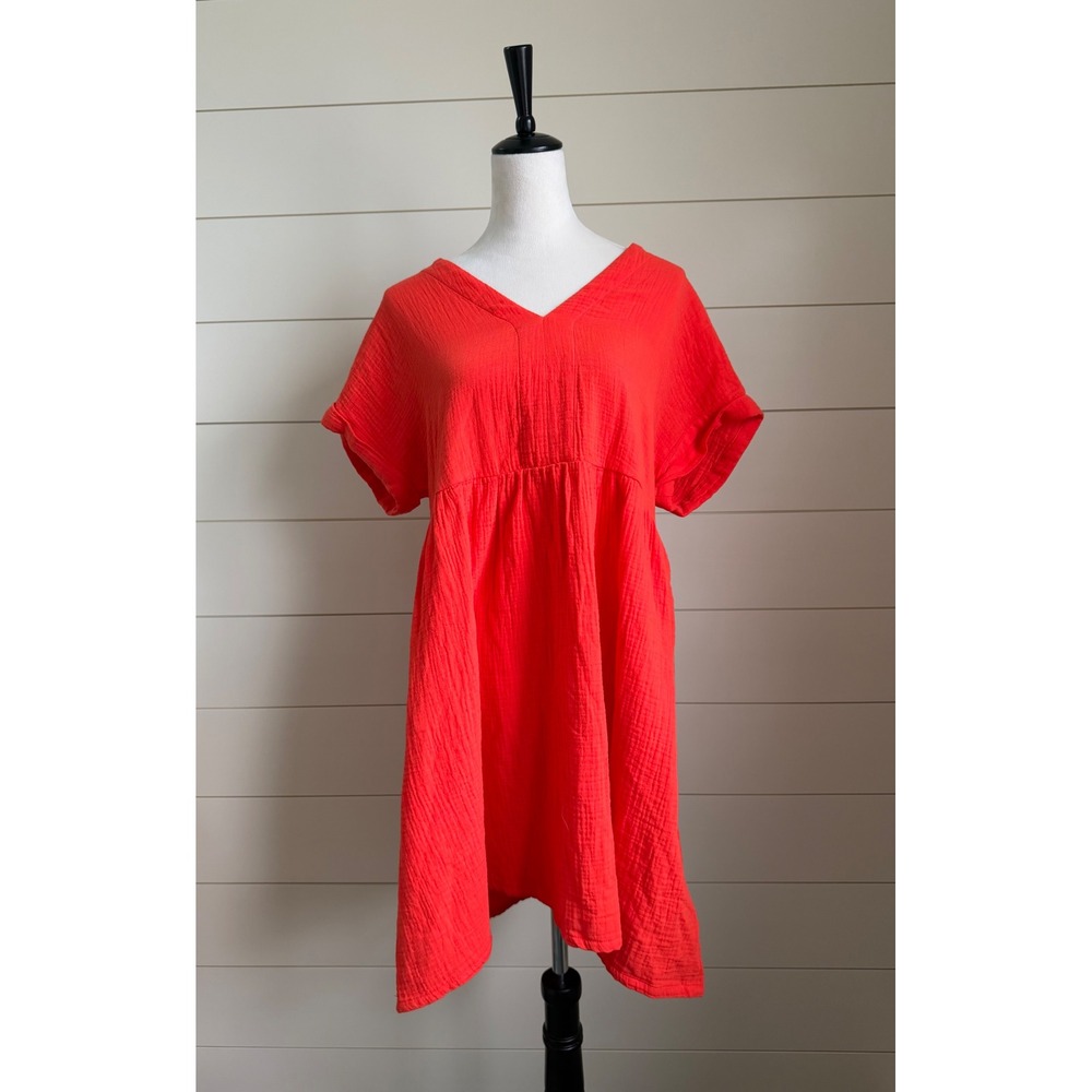 Universal Thread Red/Orange Gauze V-Neck Mini Dress Short Sleeve Pockets Large